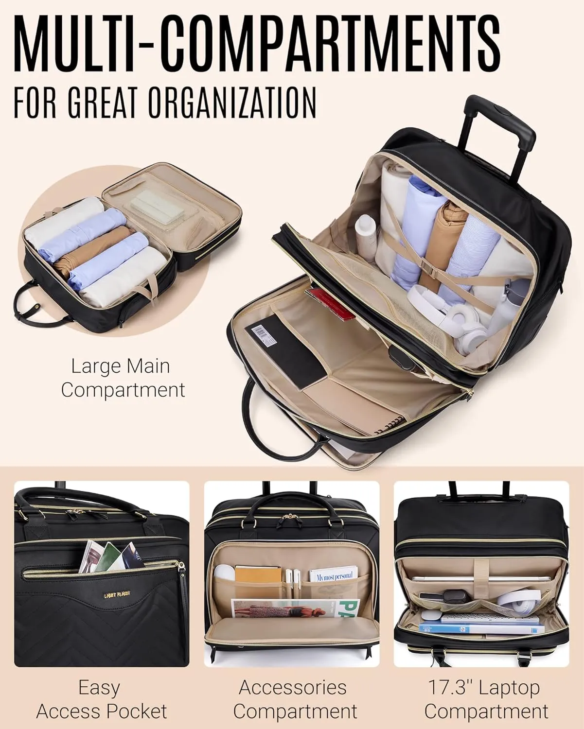LIGHT FLIGHT Rolling Laptop Bag Rolling Briefcase for Women Computer Bag with Wheels Case for Carry on Travel Work Business