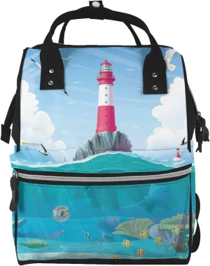 Lighthouse Sea Port Diaper Bag Backpack Large Capacity Multifunction with Insulated Pockets Waterproof Baby Diaper Bags Baby Travel Essentials for Moms,Dads,Newborns