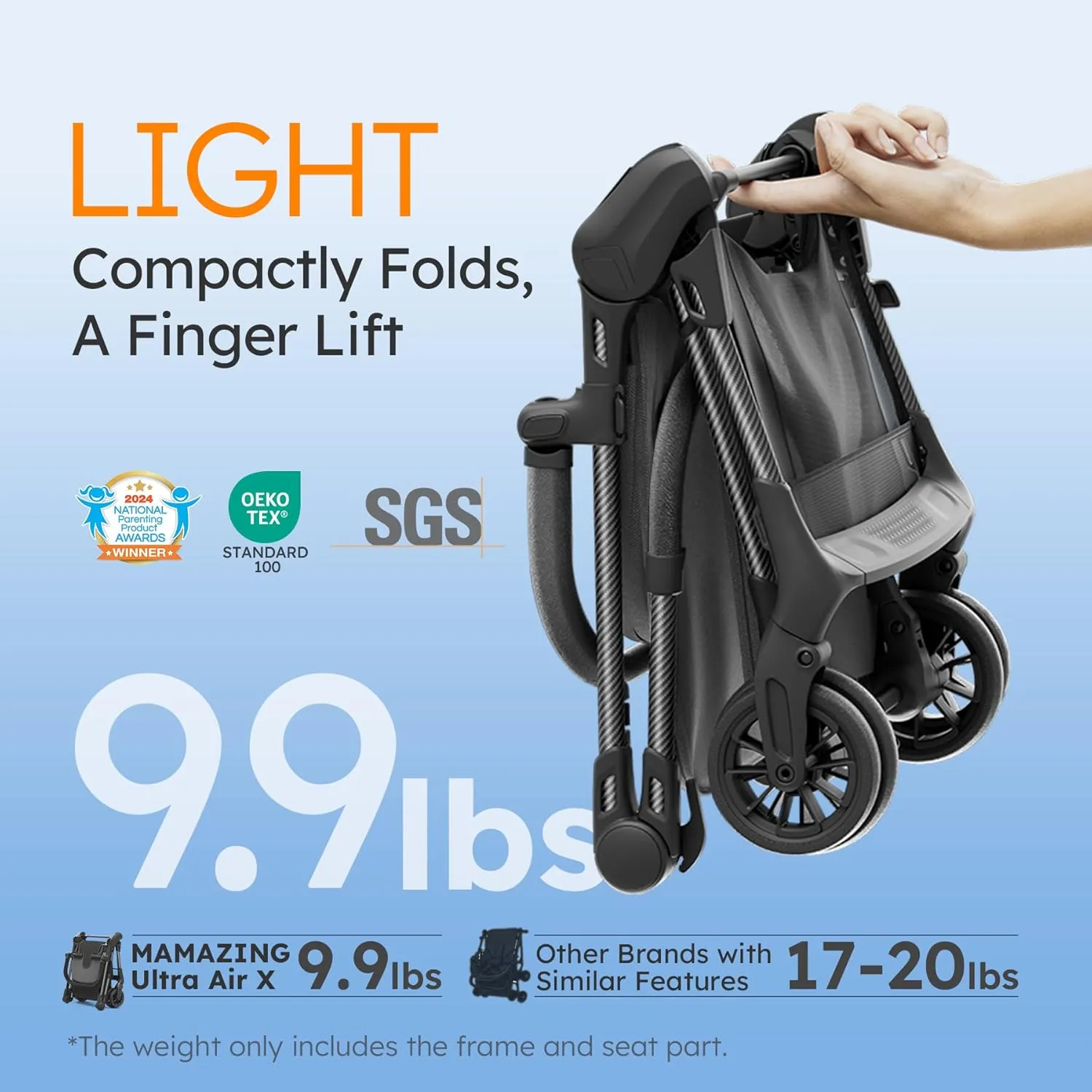 Lightweight Baby Strollers for Airplane, Ultra-Compact Travel Stroller, Light & Strong Portable Toddler Stroller with Carbon Fiber Frame and UPF 50  Waterproof Fabric, Only 9.9 lbs, Black