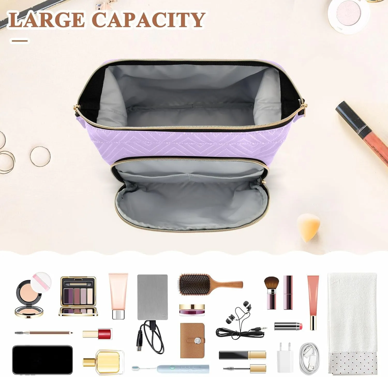 Lilac Custom Makeup Bag Travel Toiletry Bag Make Up Bags Skincare Bag Big Large Makeup Case Pouch Cosmetic Bag Box Organizer for Toiletries Women Purse Men Adults Trip Sports
