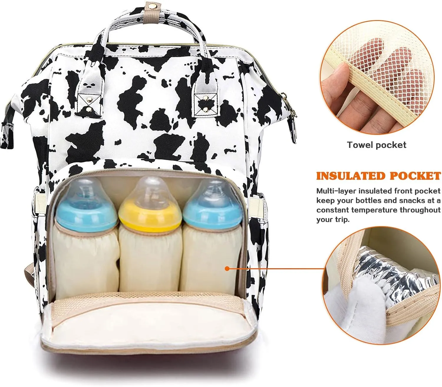 LIMHOO 3 in 1 Diaper Bag Backpack, Multifunction Large Baby Bags with Changing Pad & Stroller Straps, Waterproof Nappy Bag for Mom Baby Care (Cow Print)