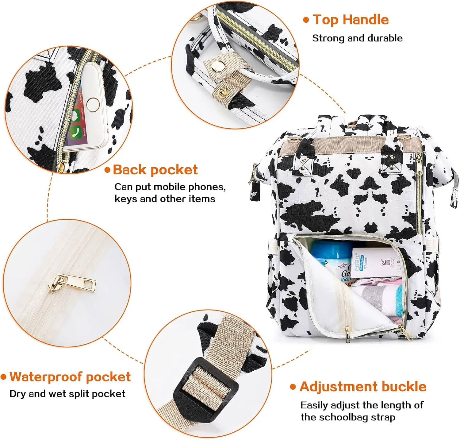 LIMHOO 3 in 1 Diaper Bag Backpack, Multifunction Large Baby Bags with Changing Pad & Stroller Straps, Waterproof Nappy Bag for Mom Baby Care (Cow Print)