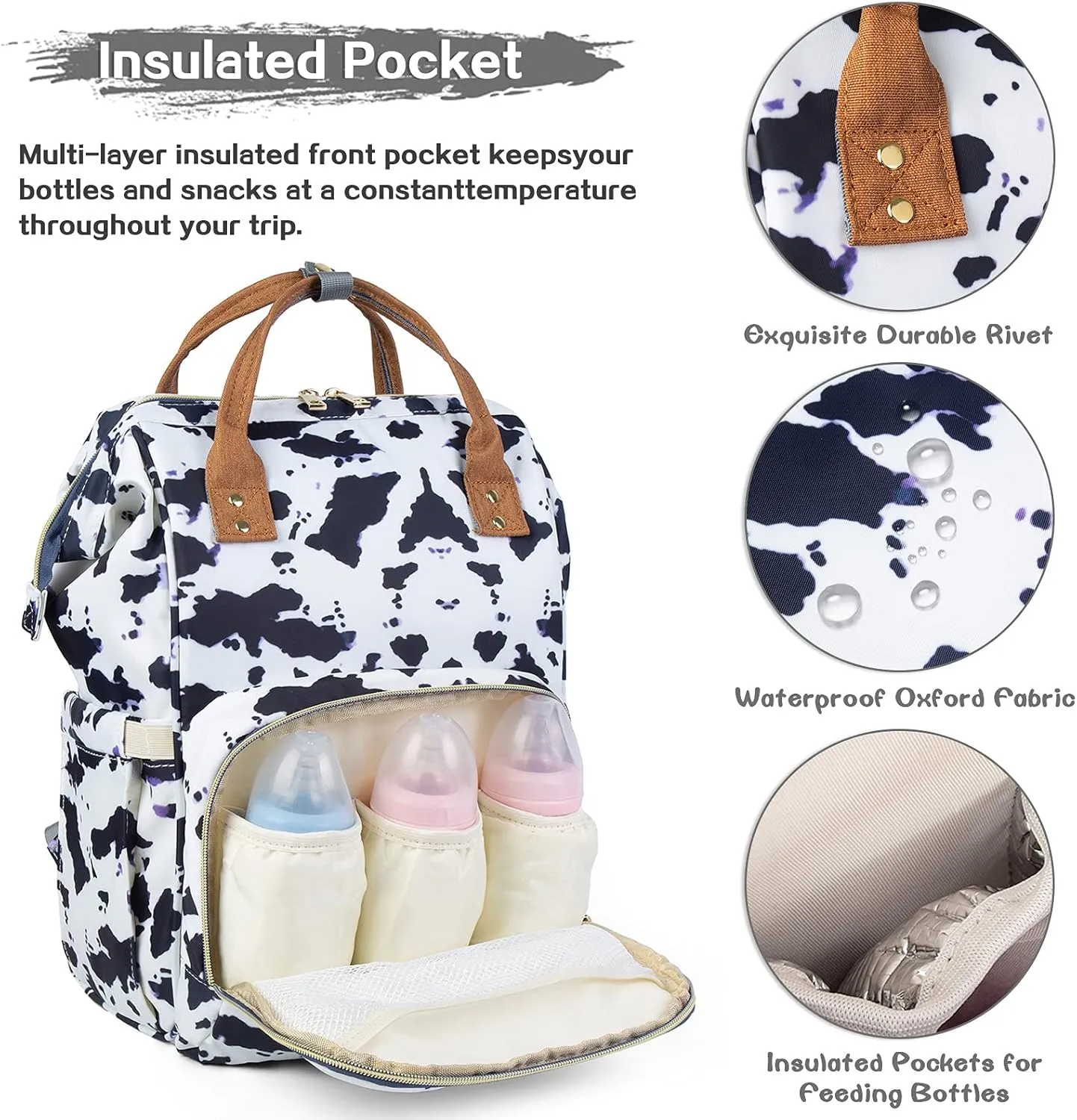 LIMHOO 4 in 1 Diaper Bag Backpack Set for Baby Girls Mom Large Capacity Waterproof Baby Care Bag Multi-Function Nappy Bag (Cow)