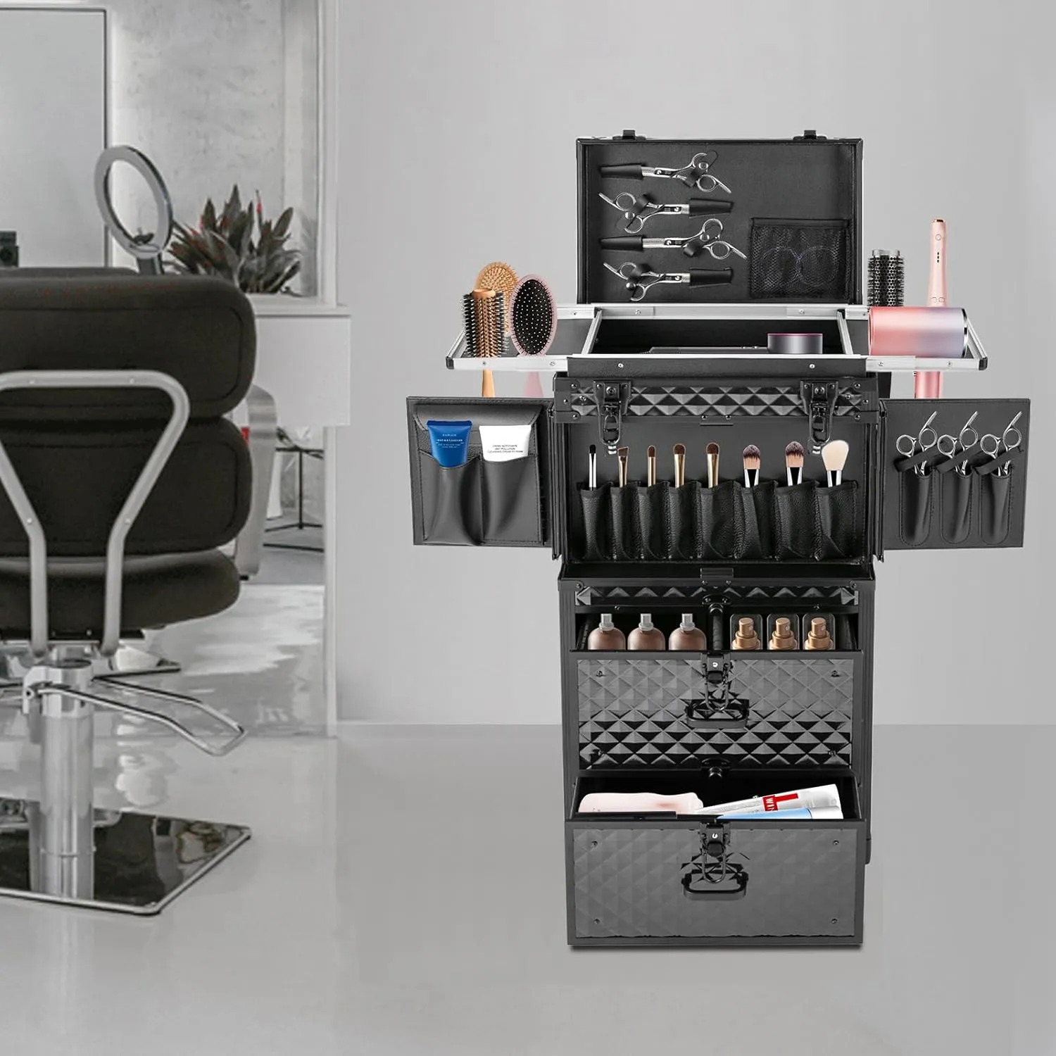 Lockable Makeup Train Case,33.07lbs Rolling Hairdressing Trolley,Beauty Salon Cosmetic Luggage with Universal Wheels for Hair Stylist,Make-up Artists (Black 3)