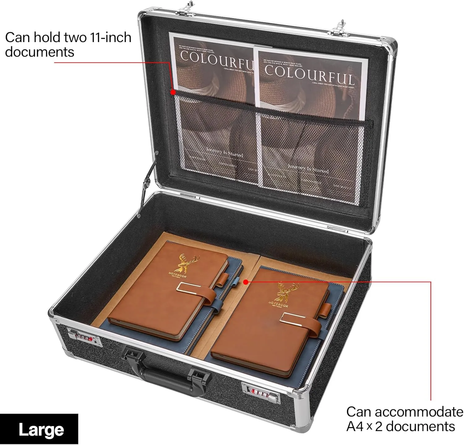 Locking Briefcase - Lockable Attache Case for Laptop & Documents, Dual Combination Locks, 18.9 “x14.6 ”x6.3 Business Aluminum Frame Hard Case for Professionals, Businessmen, Lawyers - Black
