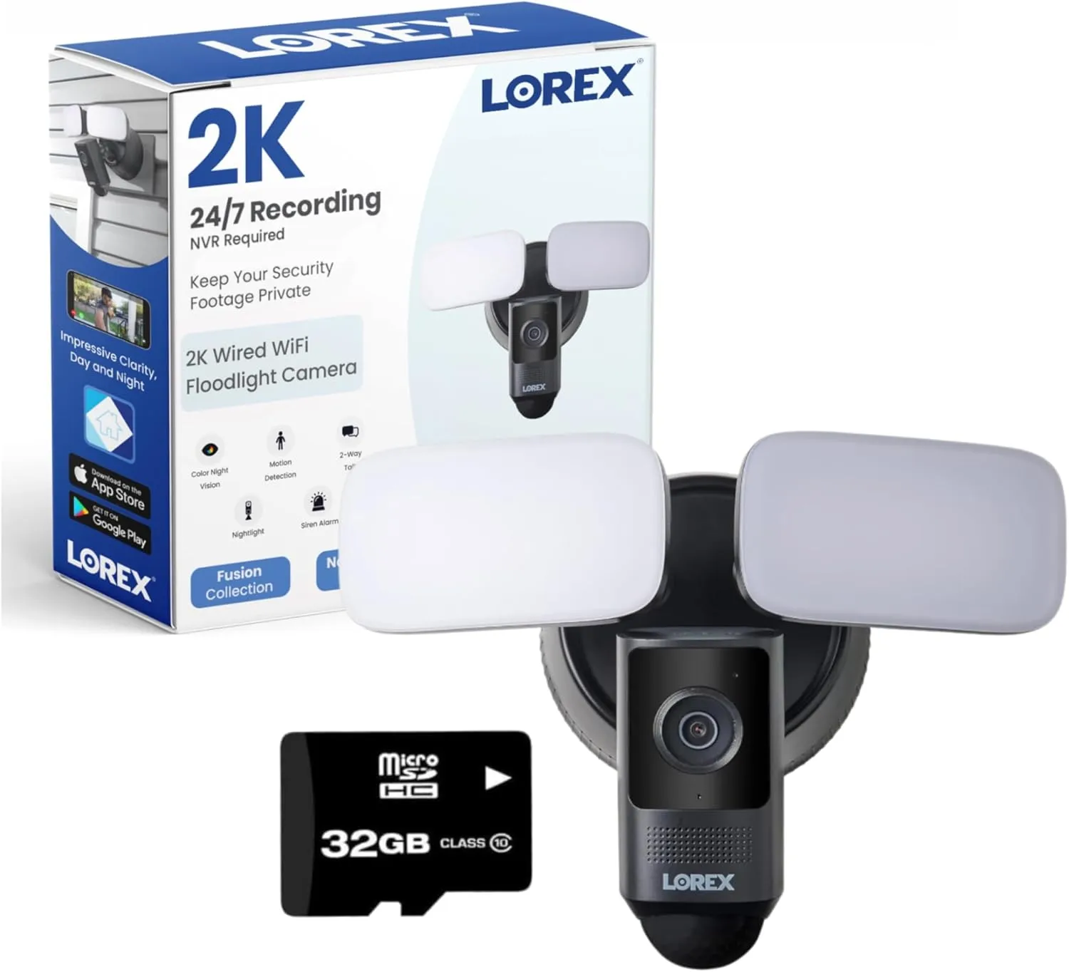 Lorex 2K Wi-Fi Floodlight Camera, Black - Outdoor Home Security Camera w/Color Night Vision, Adjustable LEDs, Person Detection, 2-Way Talk, Flood Light-Exterior Surveillance Camera w/Phone App