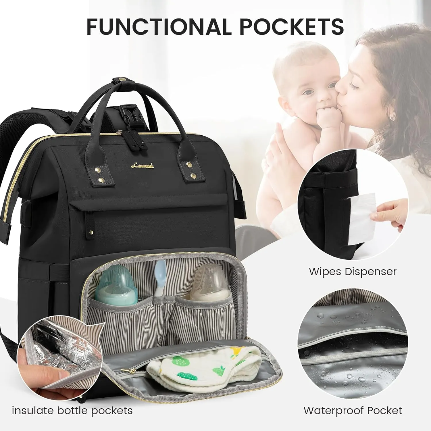 LOVEVOOK Diaper Bag Backpack, Baby Bag with Changing Station, Large Diaper Backpack for Moms Dads, Waterproof Leather Accents Baby Boy and Girl Bag for Travel Baby Essentials, Black