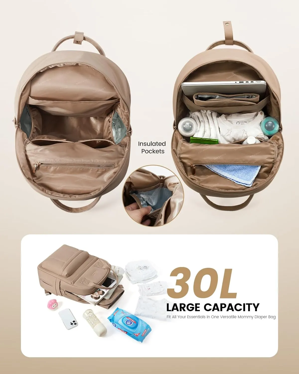 LOVEVOOK Puffer Diaper Bag Backpack, Lightweight Baby Bag with Changing Pad, Large Diaper Backpack for Mom Dad with Stroller Buckles, Coffee