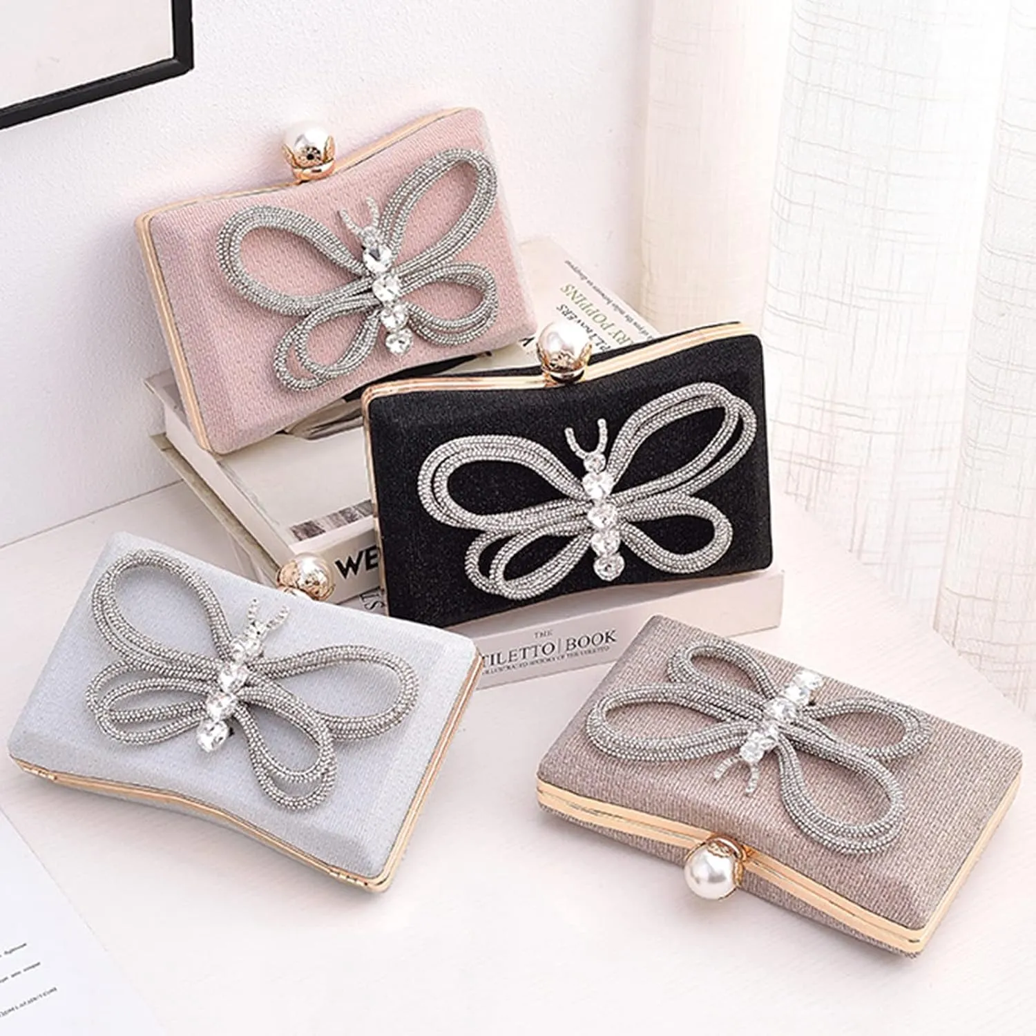 LUOZZY Butterfly Clutch Rhinestone Purse Sparkly Evening Bag with Pearl Clasp Clutch Purse for Women Formal Event Prom Party