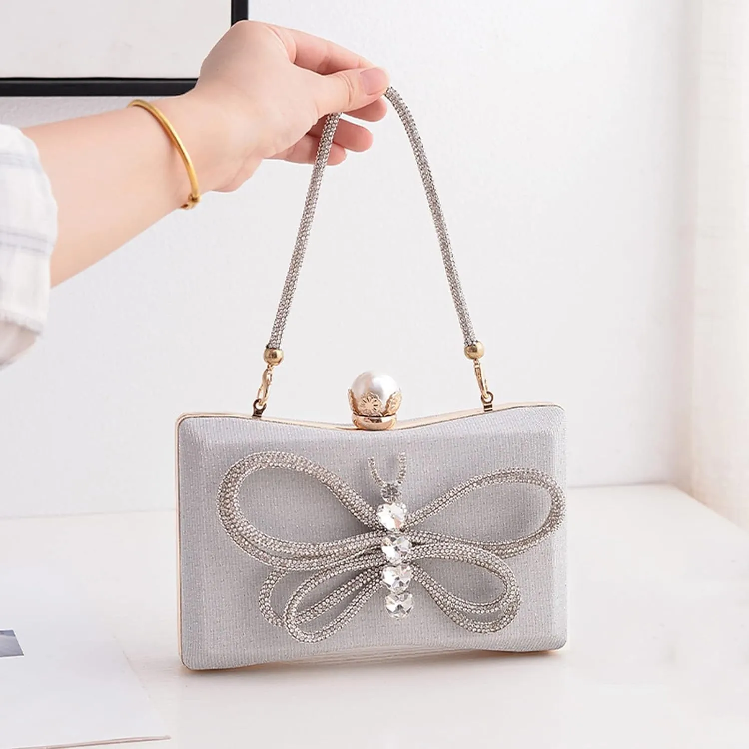 LUOZZY Butterfly Clutch Rhinestone Purse Sparkly Evening Bag with Pearl Clasp Clutch Purse for Women Formal Event Prom Party