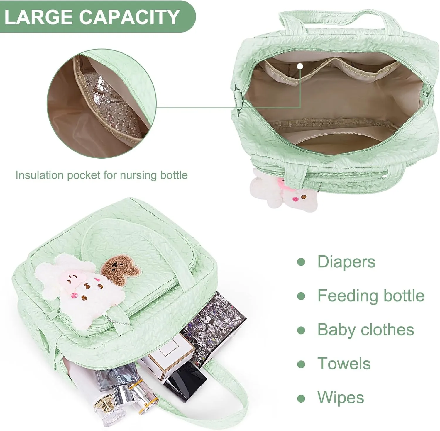 Lushandy Baby Diaper Bag Tote, Cute Mommy Nappy Crossbody Travel Tote, Multifunction Storage Bag