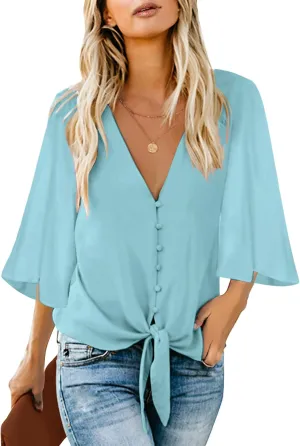 luvamia Women's Casual V Neck Tops 3/4 Sleeve Tie Knot Blouses Solid Button Down Shirts