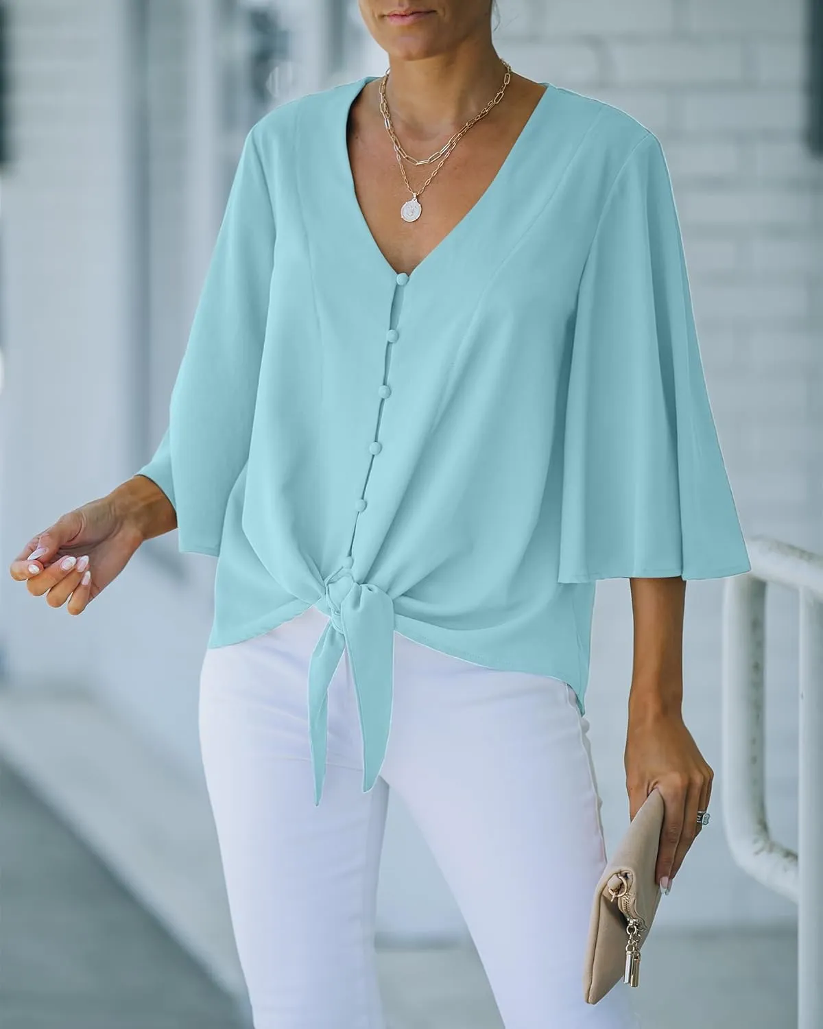 luvamia Women's Casual V Neck Tops 3/4 Sleeve Tie Knot Blouses Solid Button Down Shirts