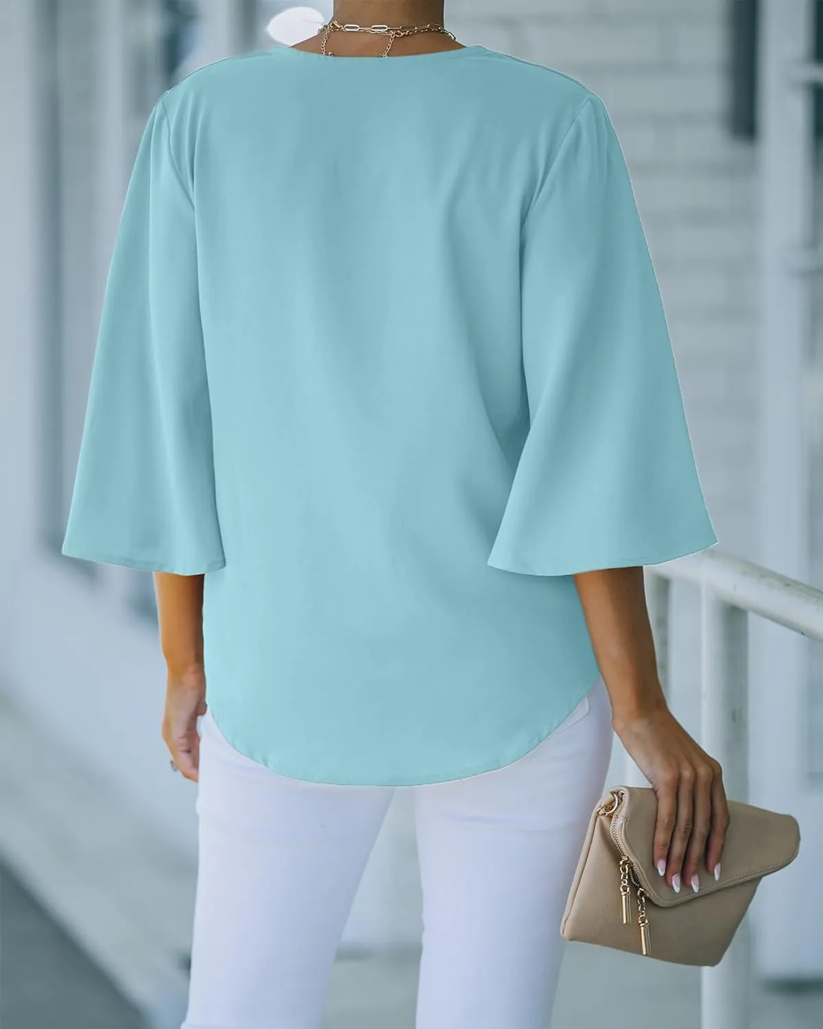 luvamia Women's Casual V Neck Tops 3/4 Sleeve Tie Knot Blouses Solid Button Down Shirts