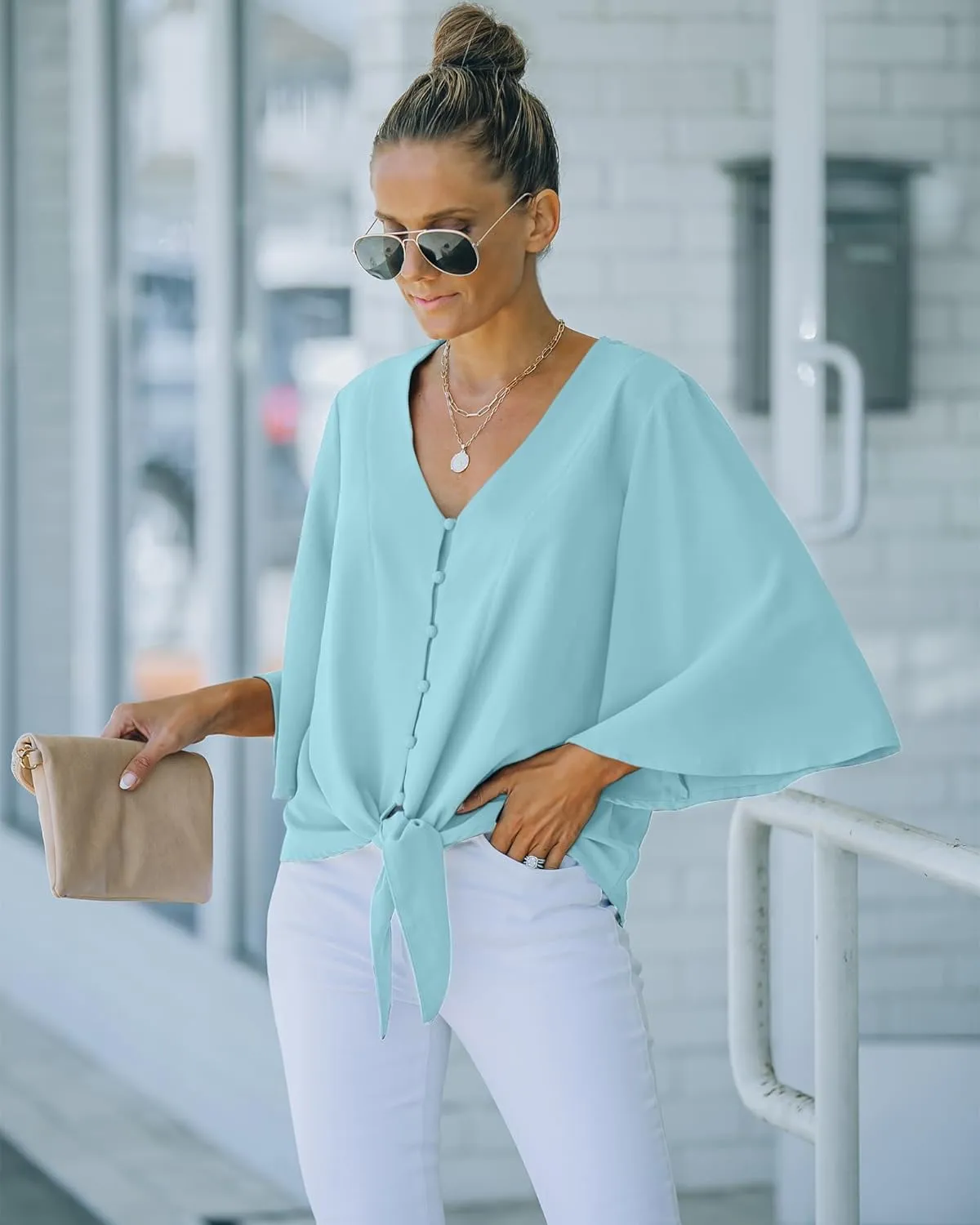luvamia Women's Casual V Neck Tops 3/4 Sleeve Tie Knot Blouses Solid Button Down Shirts