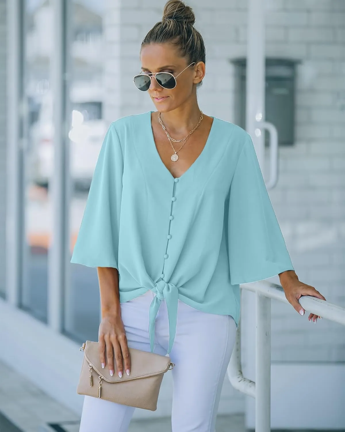 luvamia Women's Casual V Neck Tops 3/4 Sleeve Tie Knot Blouses Solid Button Down Shirts