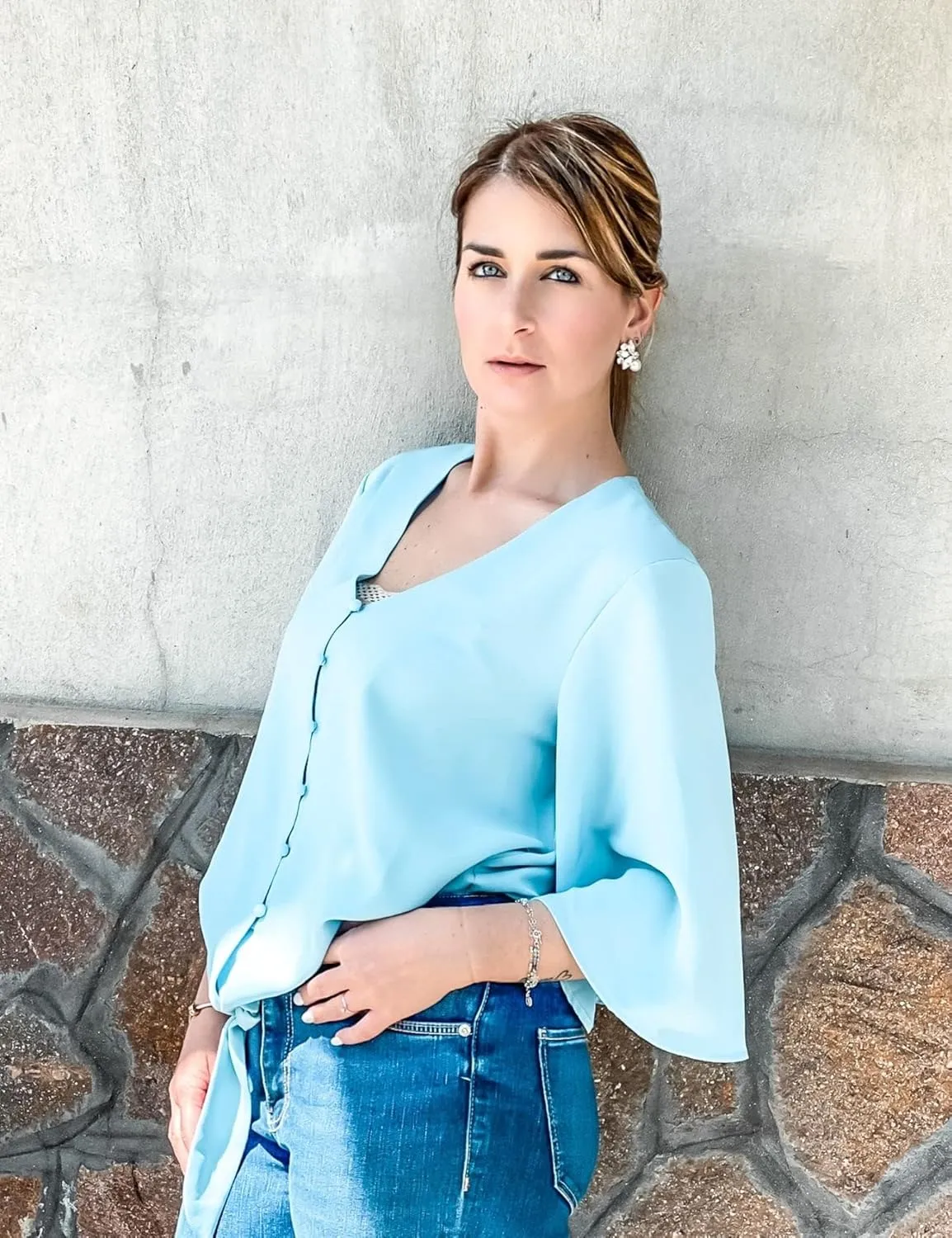 luvamia Women's Casual V Neck Tops 3/4 Sleeve Tie Knot Blouses Solid Button Down Shirts
