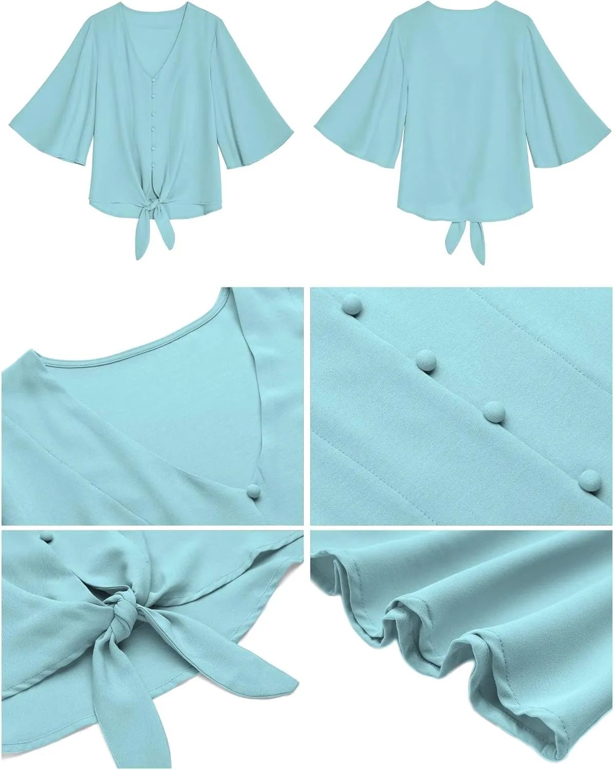 luvamia Women's Casual V Neck Tops 3/4 Sleeve Tie Knot Blouses Solid Button Down Shirts