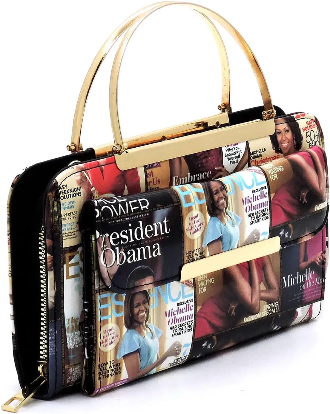 Magazine Cover Collage Round Top Handle Crossbody Bag Clutch Wallet