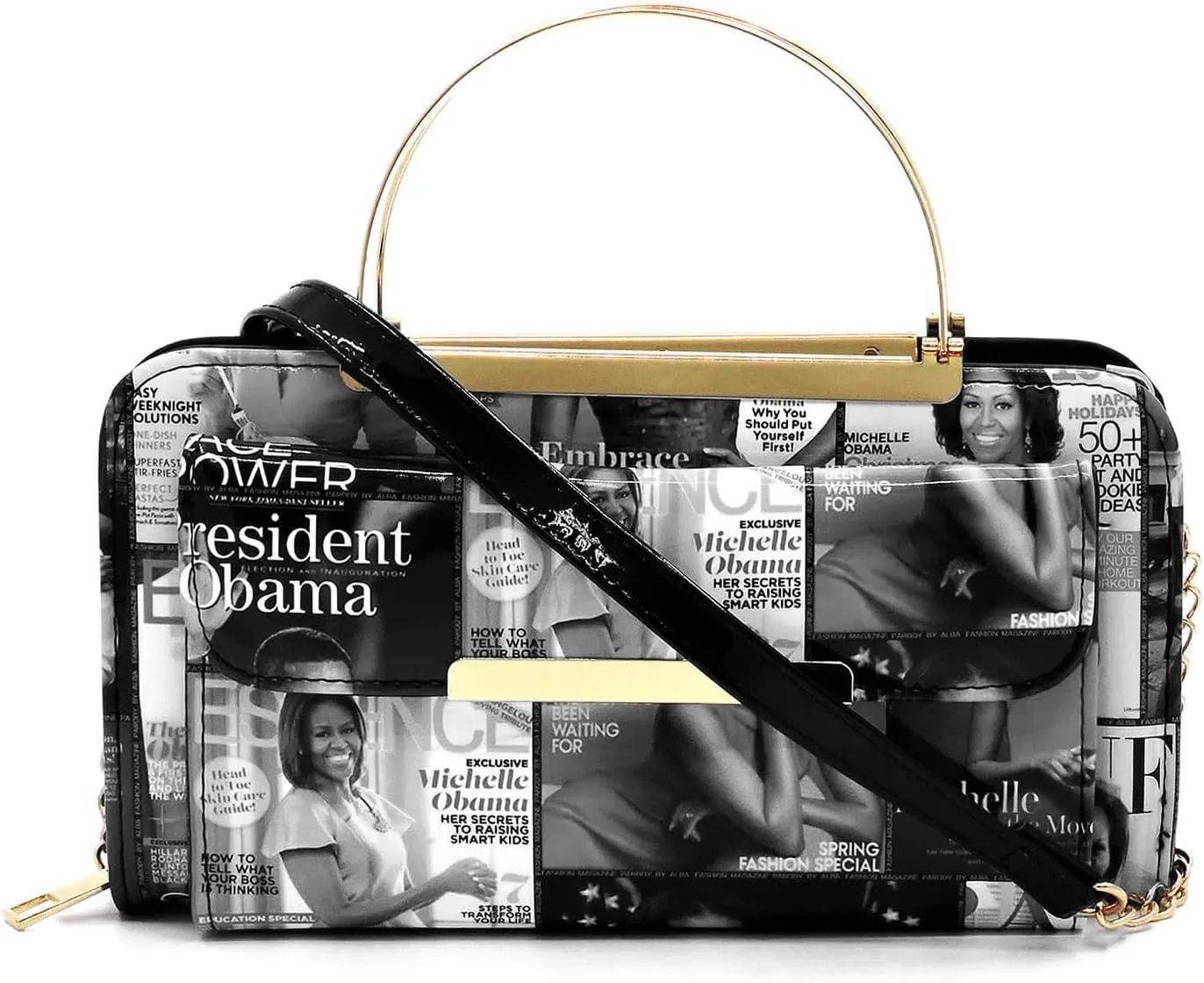 Magazine Cover Collage Round Top Handle Crossbody Bag Clutch Wallet