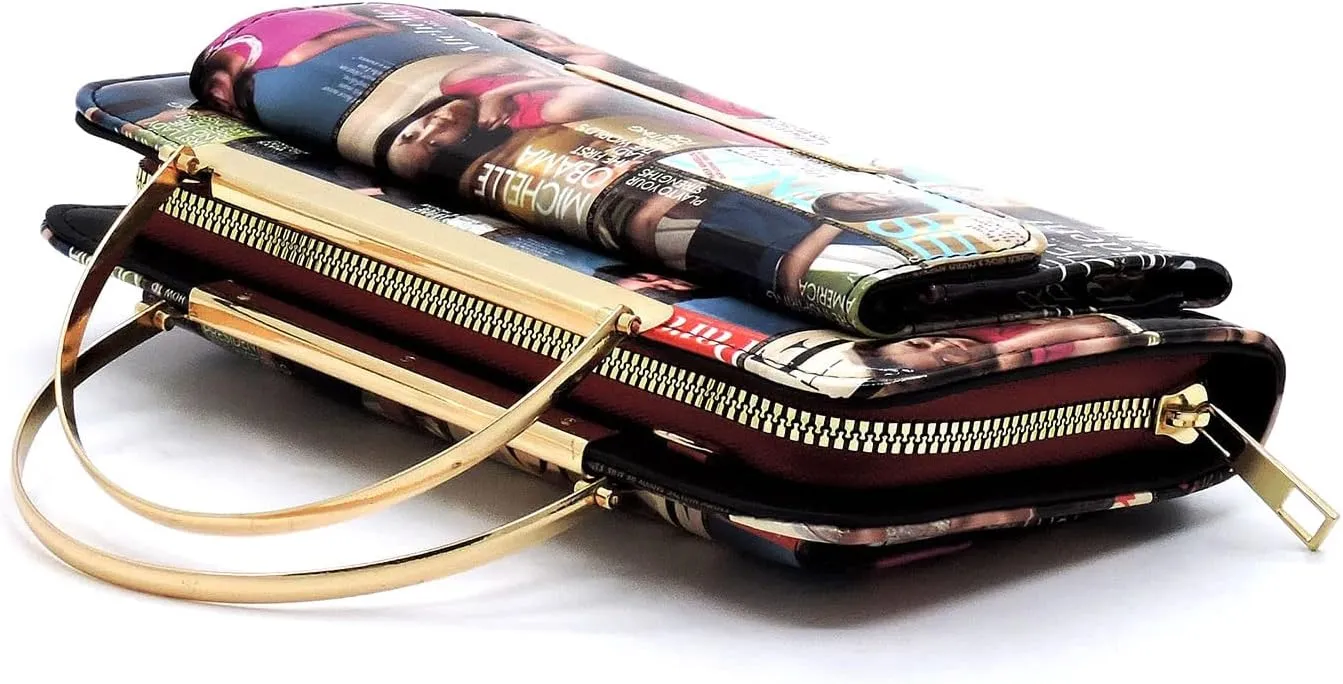 Magazine Cover Collage Round Top Handle Crossbody Bag Clutch Wallet