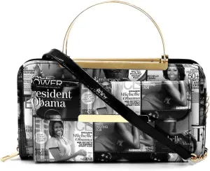 Magazine Cover Collage Round Top Handle Crossbody Bag Clutch Wallet