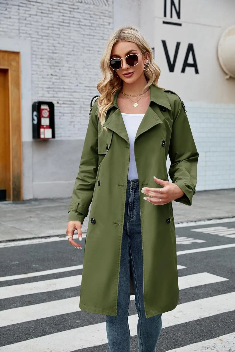 Makkrom Women's Double Breasted Long Trench Coat Windproof Classic Lapel Slim Overcoat with Belt