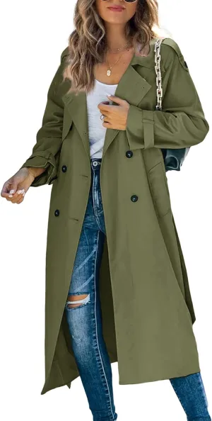 Makkrom Women's Double Breasted Long Trench Coat Windproof Classic Lapel Slim Overcoat with Belt