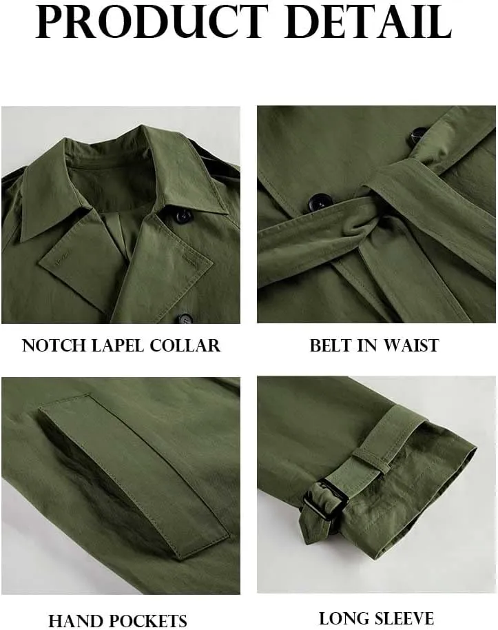 Makkrom Women's Double Breasted Long Trench Coat Windproof Classic Lapel Slim Overcoat with Belt