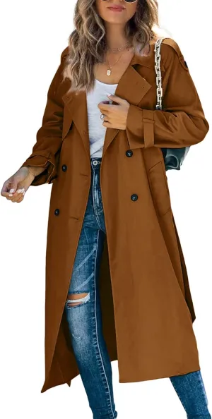 Makkrom Women's Double Breasted Long Trench Coat Windproof Classic Lapel Slim Overcoat with Belt