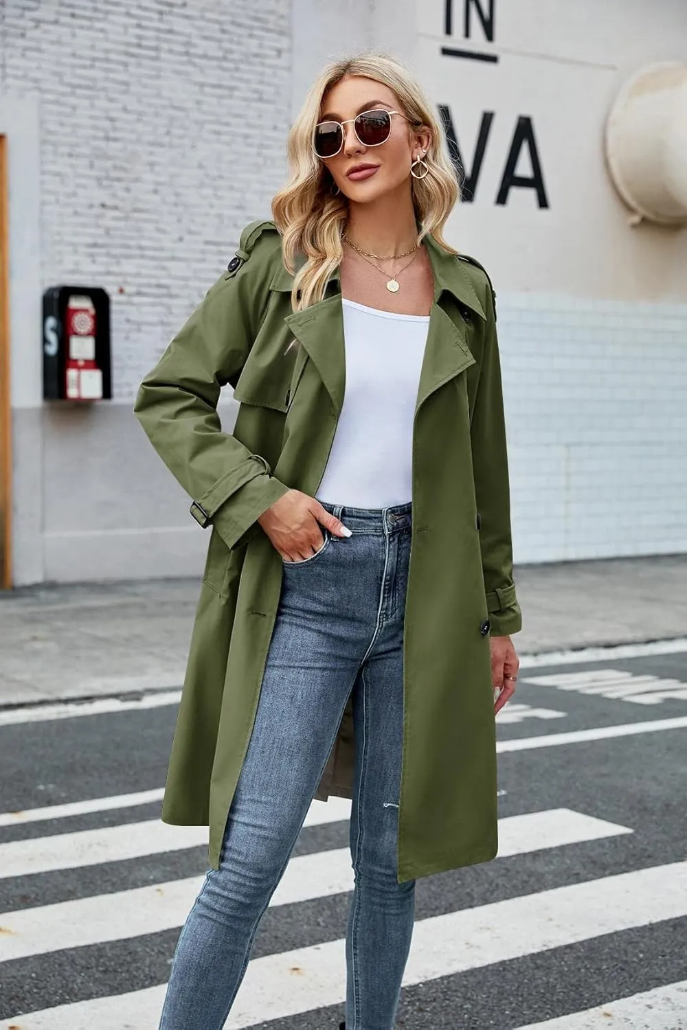 Makkrom Women's Double Breasted Long Trench Coat Windproof Classic Lapel Slim Overcoat with Belt