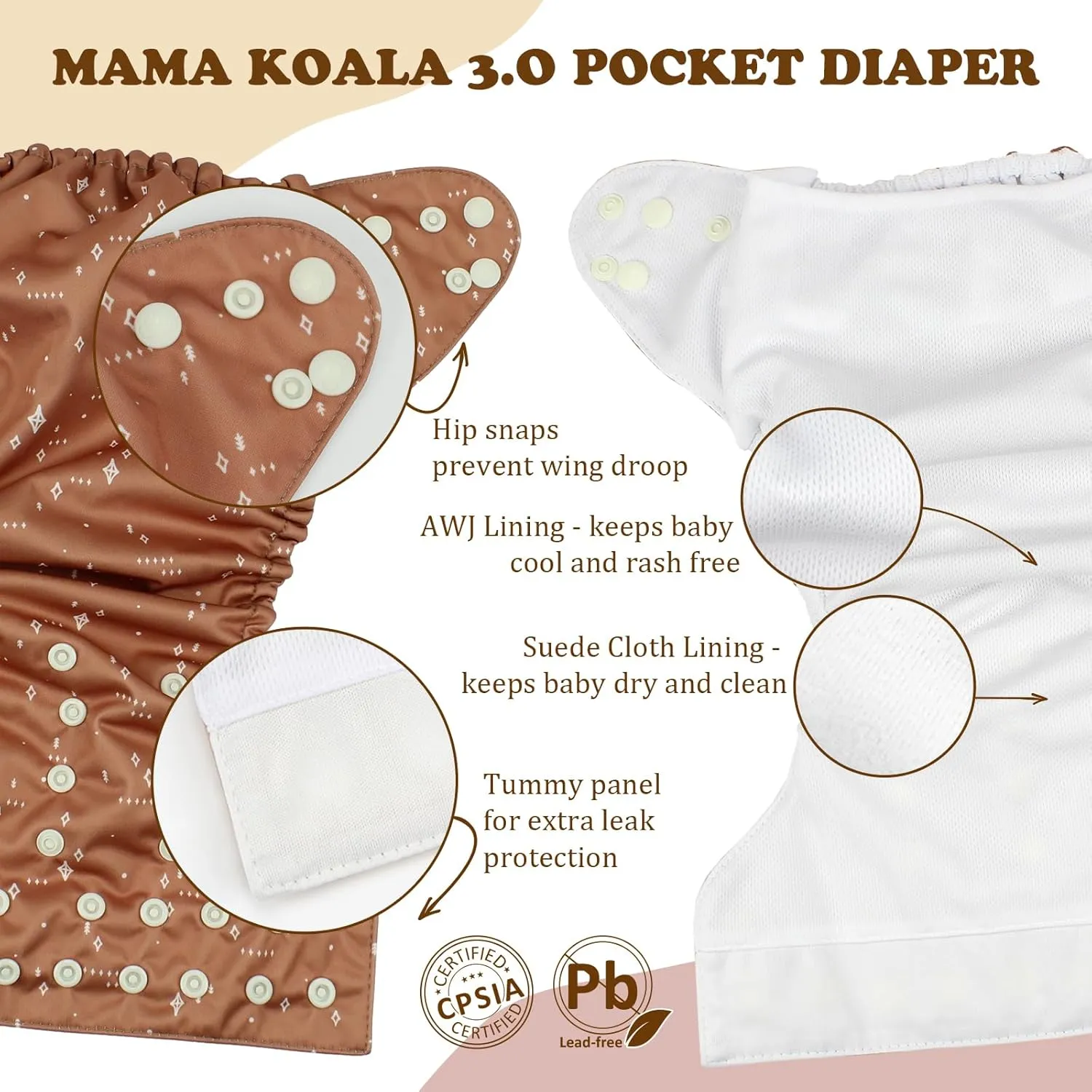 Mama Koala 3.0 Pocket Cloth Diapers for Babies with AWJ Lining, 6 Pack with 6 4-Layer Natural Cloth Diaper Inserts - Reusable and Washable Pocket Diapers (Love Green)