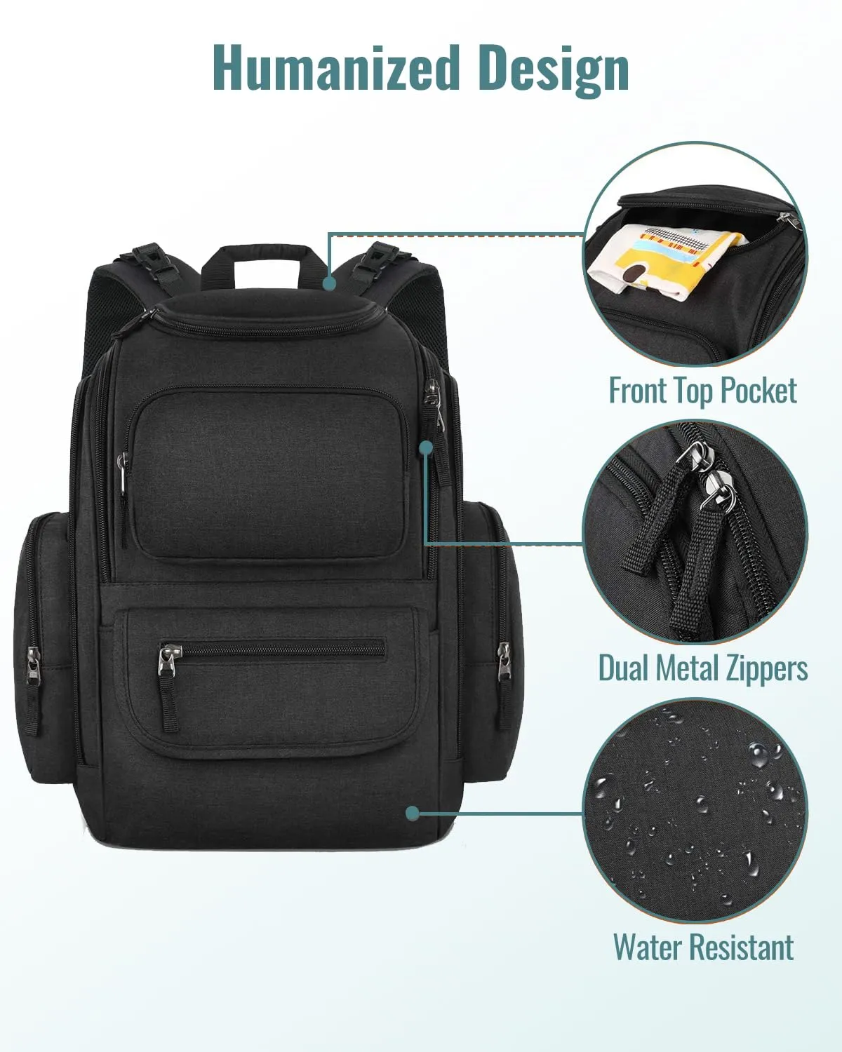 Mancro Diaper Bag Backpack, Extra Large Capacity Baby Diaper Backpack with 2 Insulated Pockets and Stroller Strap, Water Resistant Mens Diaper Bag for Travel，Black