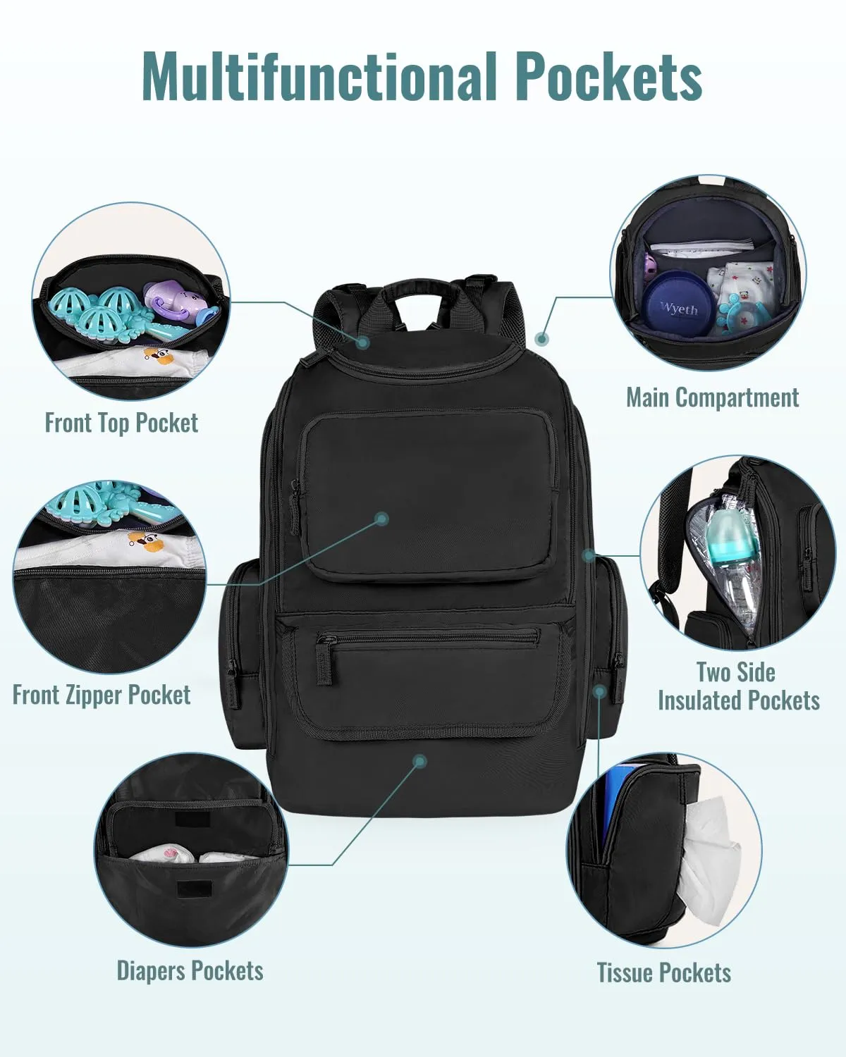 Mancro Diaper Bag Backpack, Extra Large Capacity Baby Diaper Backpack with 2 Insulated Pockets and Stroller Strap, Water Resistant Mens Diaper Bag for Travel，Black