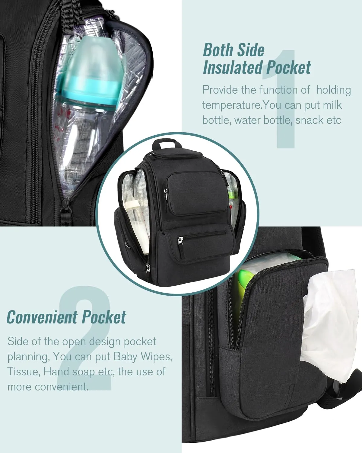 Mancro Diaper Bag Backpack, Extra Large Capacity Baby Diaper Backpack with 2 Insulated Pockets and Stroller Strap, Water Resistant Mens Diaper Bag for Travel，Black