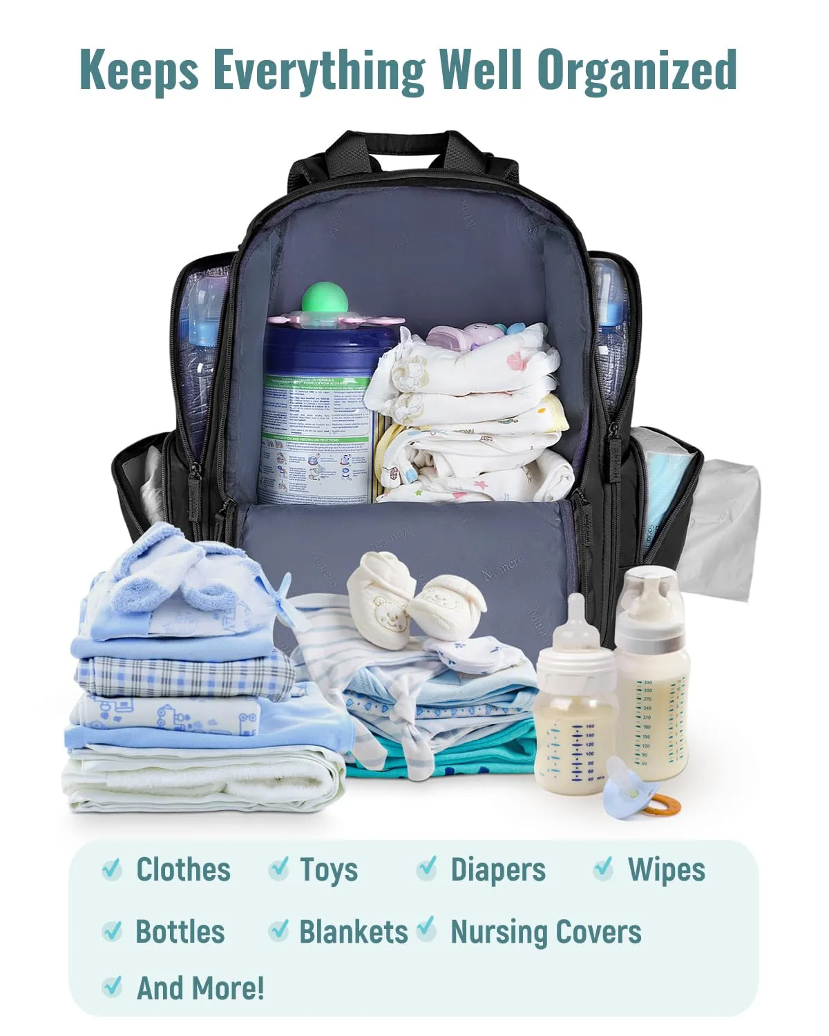 Mancro Diaper Bag Backpack, Extra Large Capacity Baby Diaper Backpack with 2 Insulated Pockets and Stroller Strap, Water Resistant Mens Diaper Bag for Travel，Black