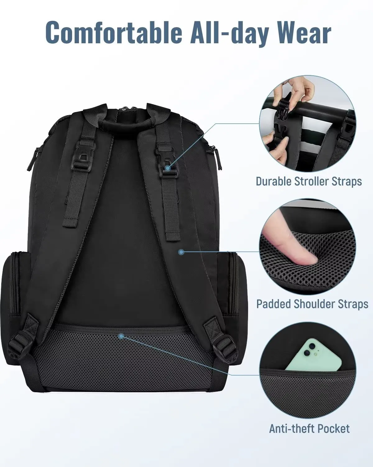 Mancro Diaper Bag Backpack, Multifunctional Dad Diaper Bag with 2 Side Insulated Pockets, Travel Water Resistant Baby Diaper Backpack for Men Women with Stroller Straps, Black