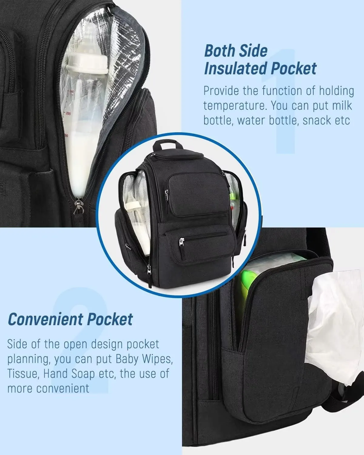 Mancro Diaper Bag Backpack, Multifunctional Dad Diaper Bag with 2 Side Insulated Pockets, Travel Water Resistant Baby Diaper Backpack for Men Women with Stroller Straps, Black