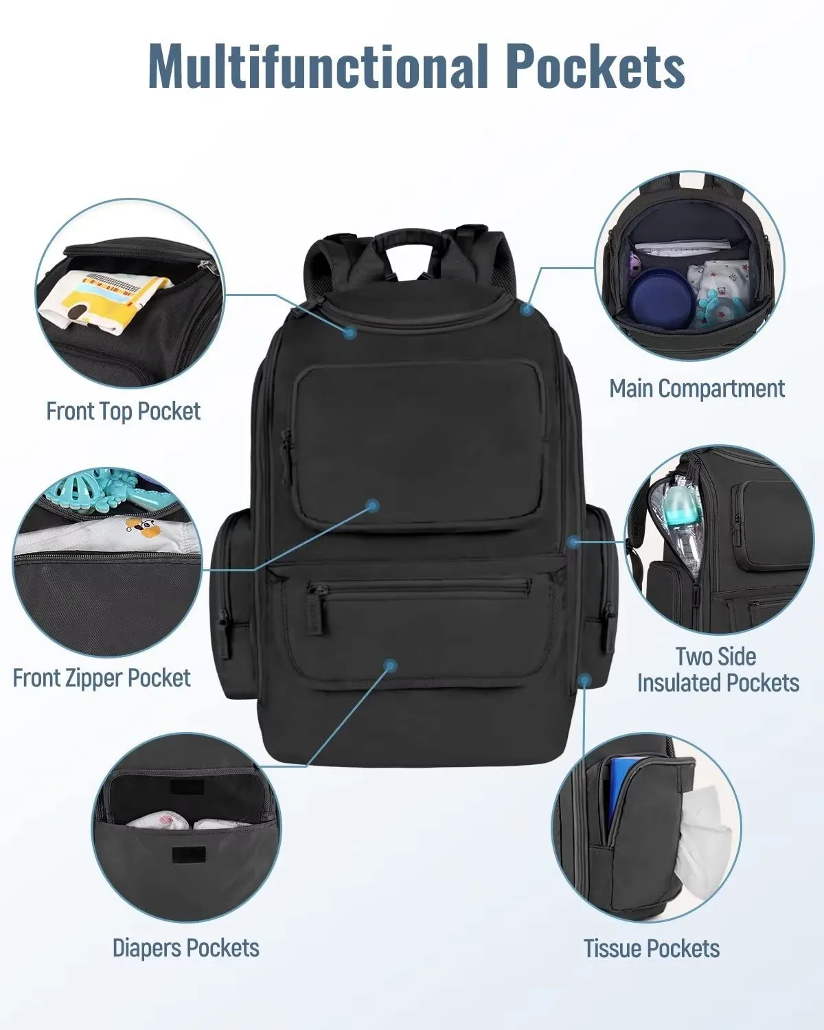 Mancro Diaper Bag Backpack, Multifunctional Dad Diaper Bag with 2 Side Insulated Pockets, Travel Water Resistant Baby Diaper Backpack for Men Women with Stroller Straps, Black