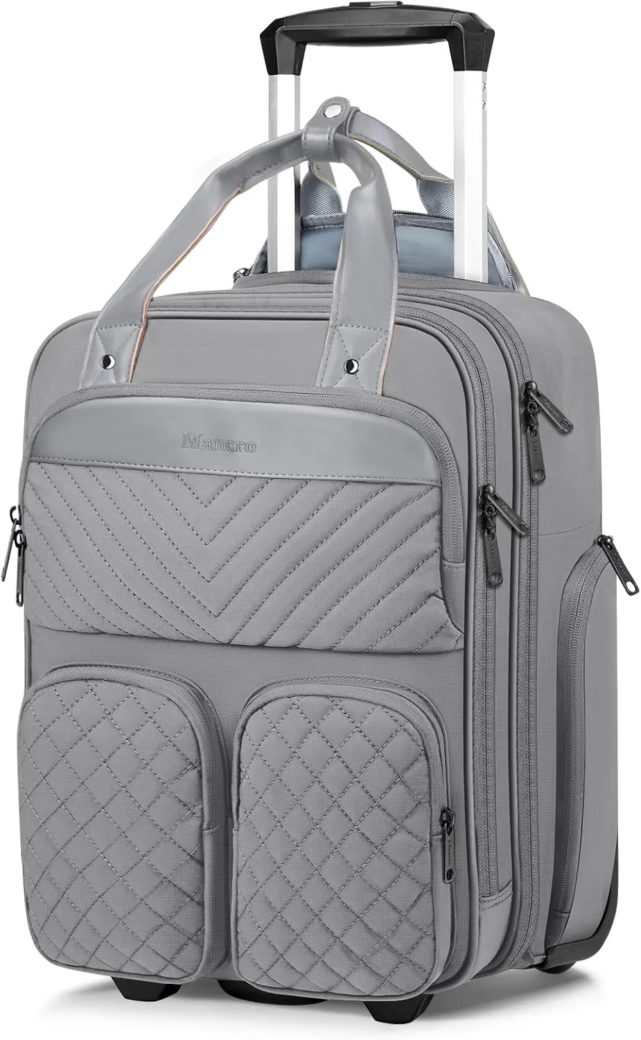 Mancro Underseat Carry-On Luggage with Wheels, Lightweight Multi-Functional Rolling Suitcase for Travel & Business, Weekender Overnight Rolling Bag for Men & Women, Grey