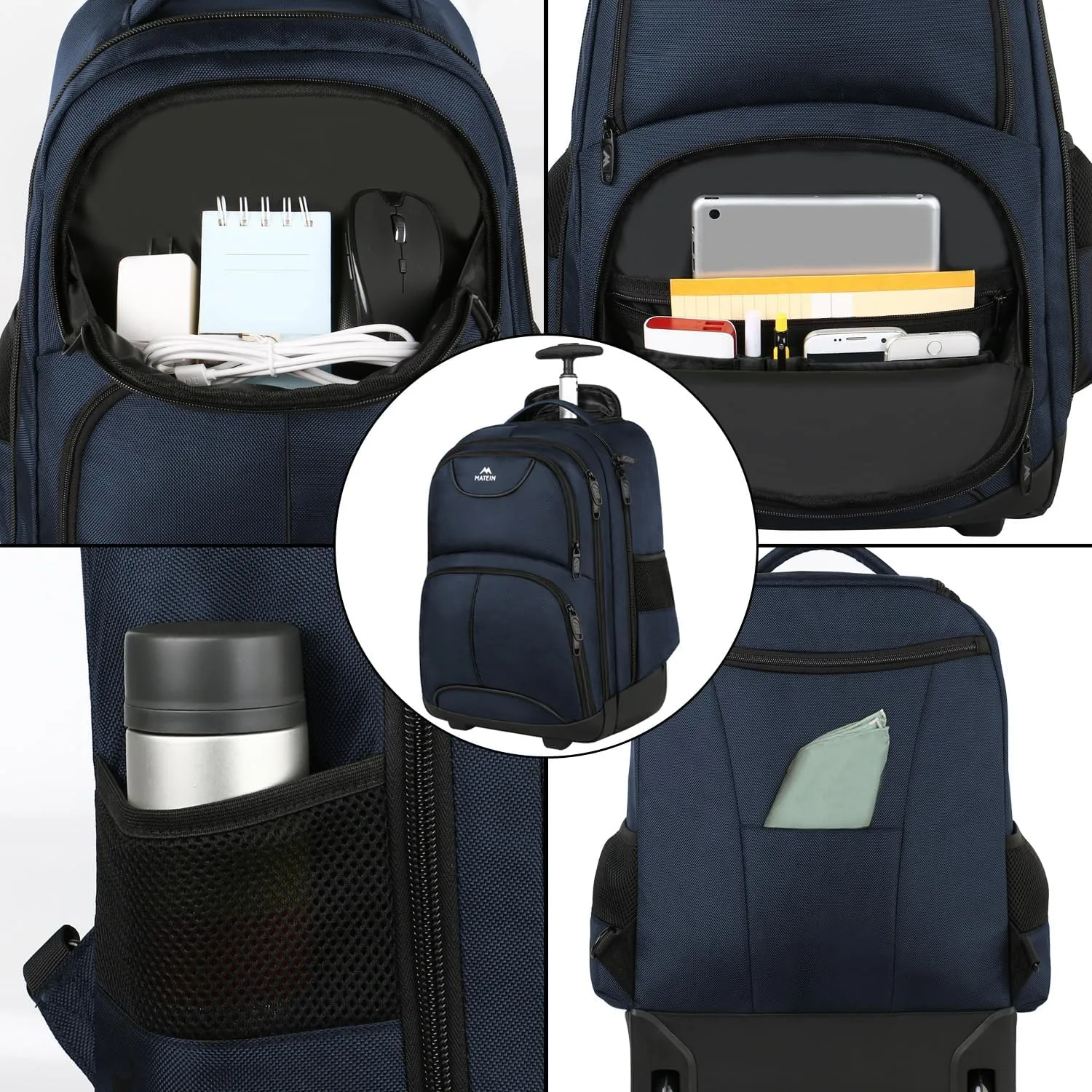 MATEIN Backpack with Wheels, Travel-Friendly Rolling Laptop Backpack for Men Women, Freewheel Carry on Luggage Business Bag, Compact College Trolley Suitcase Computer Bag fit 17 inch Notebook, Blue
