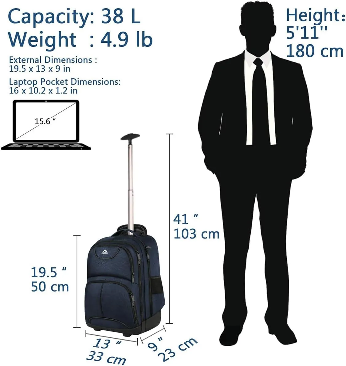 MATEIN Backpack with Wheels, Travel-Friendly Rolling Laptop Backpack for Men Women, Freewheel Carry on Luggage Business Bag, Compact College Trolley Suitcase Computer Bag fit 17 inch Notebook, Blue