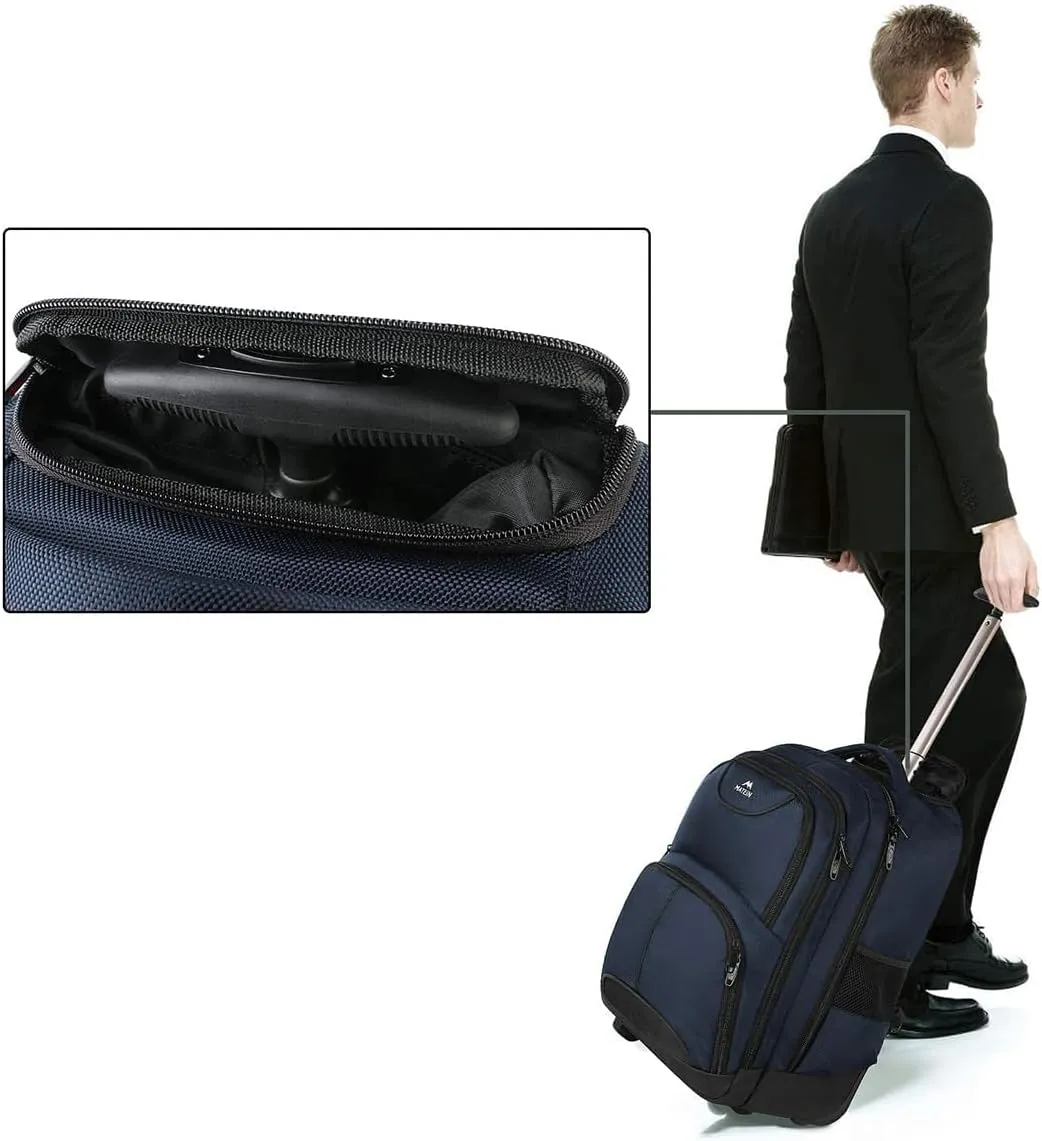 MATEIN Backpack with Wheels, Travel-Friendly Rolling Laptop Backpack for Men Women, Freewheel Carry on Luggage Business Bag, Compact College Trolley Suitcase Computer Bag fit 17 inch Notebook, Blue
