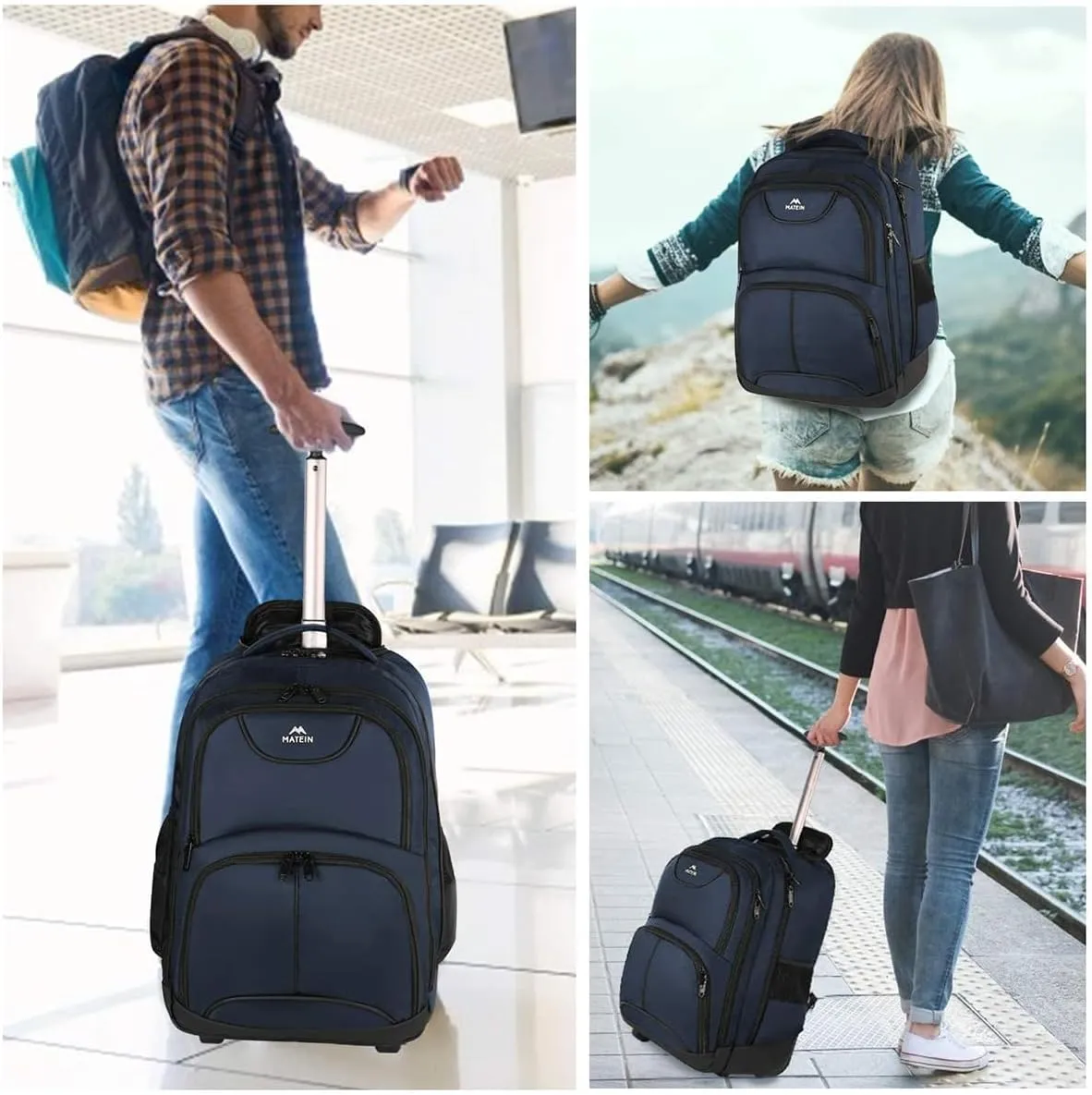 MATEIN Backpack with Wheels, Travel-Friendly Rolling Laptop Backpack for Men Women, Freewheel Carry on Luggage Business Bag, Compact College Trolley Suitcase Computer Bag fit 17 inch Notebook, Blue