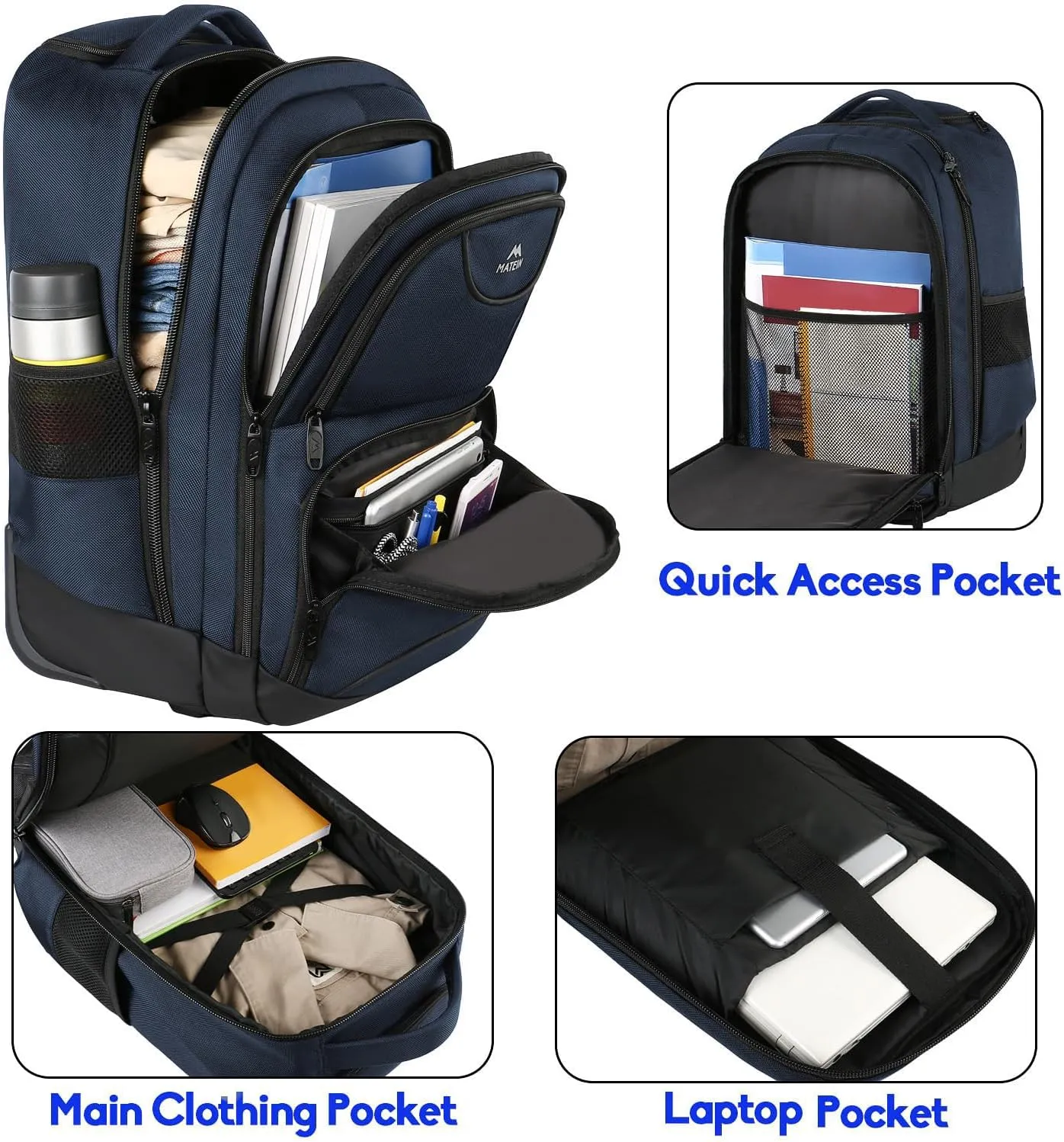 MATEIN Backpack with Wheels, Travel-Friendly Rolling Laptop Backpack for Men Women, Freewheel Carry on Luggage Business Bag, Compact College Trolley Suitcase Computer Bag fit 17 inch Notebook, Blue