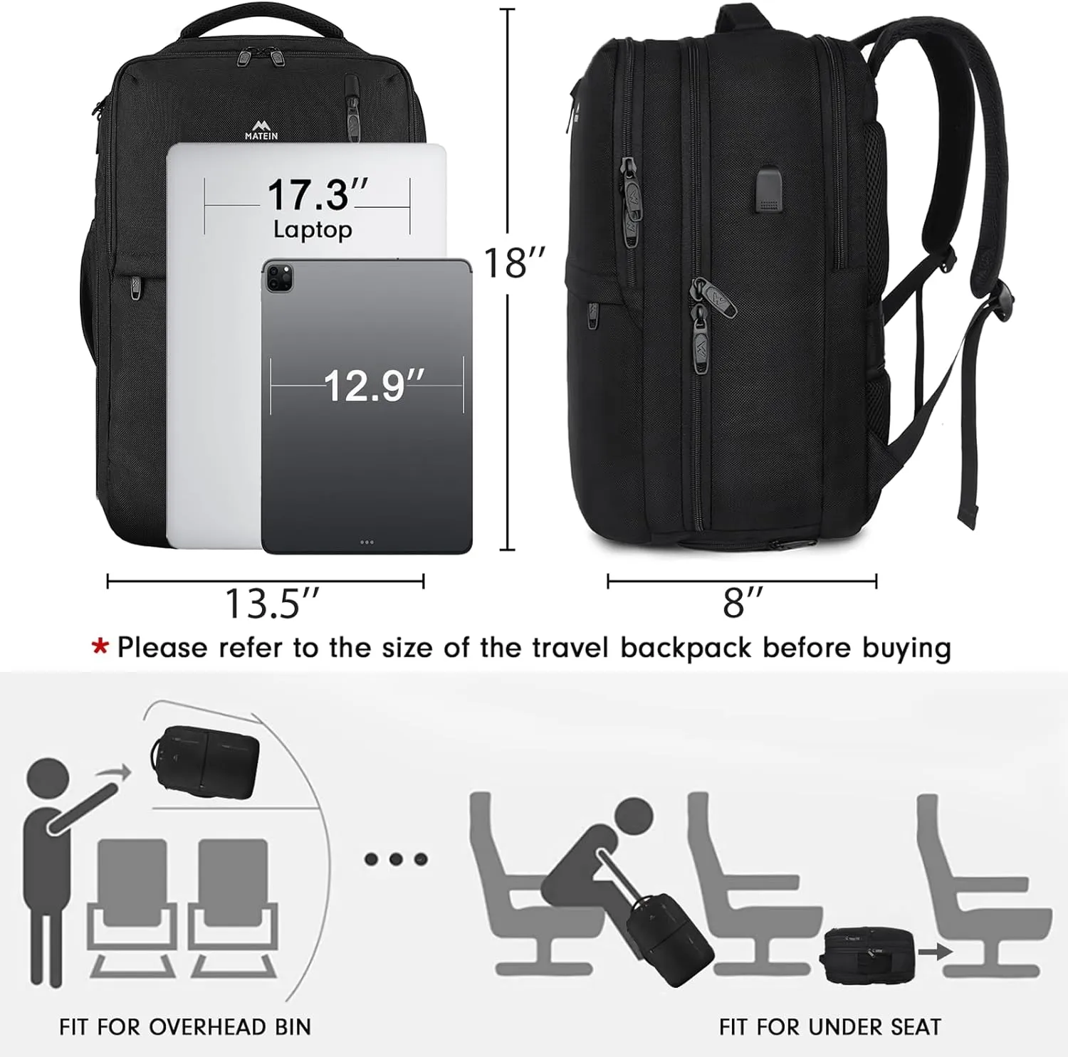 MATEIN Carry on Backpack, Large 40L Flight Approved Travel Backpack with USB Port, TSA Personal Item Travel Bag fits 17" Laptop, Water Resistant Luggage Overnight Weekender Bag for Men & Women, Black