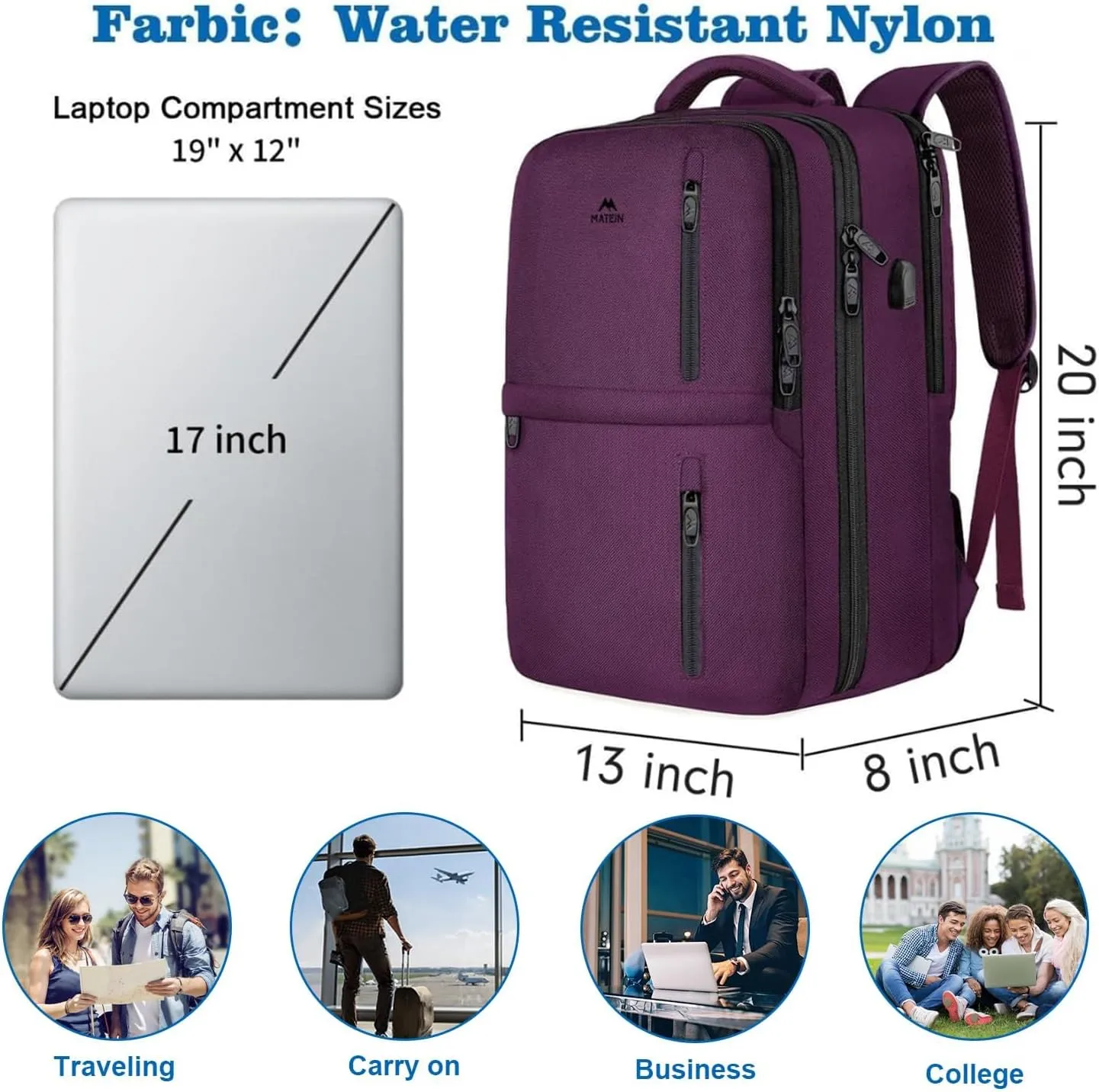 MATEIN Travel Backpack for Women, Extra Large 40L Carry on Backpack with USB Charge Port, Water Resistant College Bag Computer Bag Gifts for Women & Men Fits 17.3 Inch Laptop, Purple