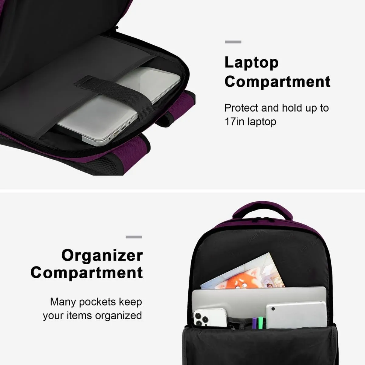 MATEIN Travel Backpack for Women, Extra Large 40L Carry on Backpack with USB Charge Port, Water Resistant College Bag Computer Bag Gifts for Women & Men Fits 17.3 Inch Laptop, Purple