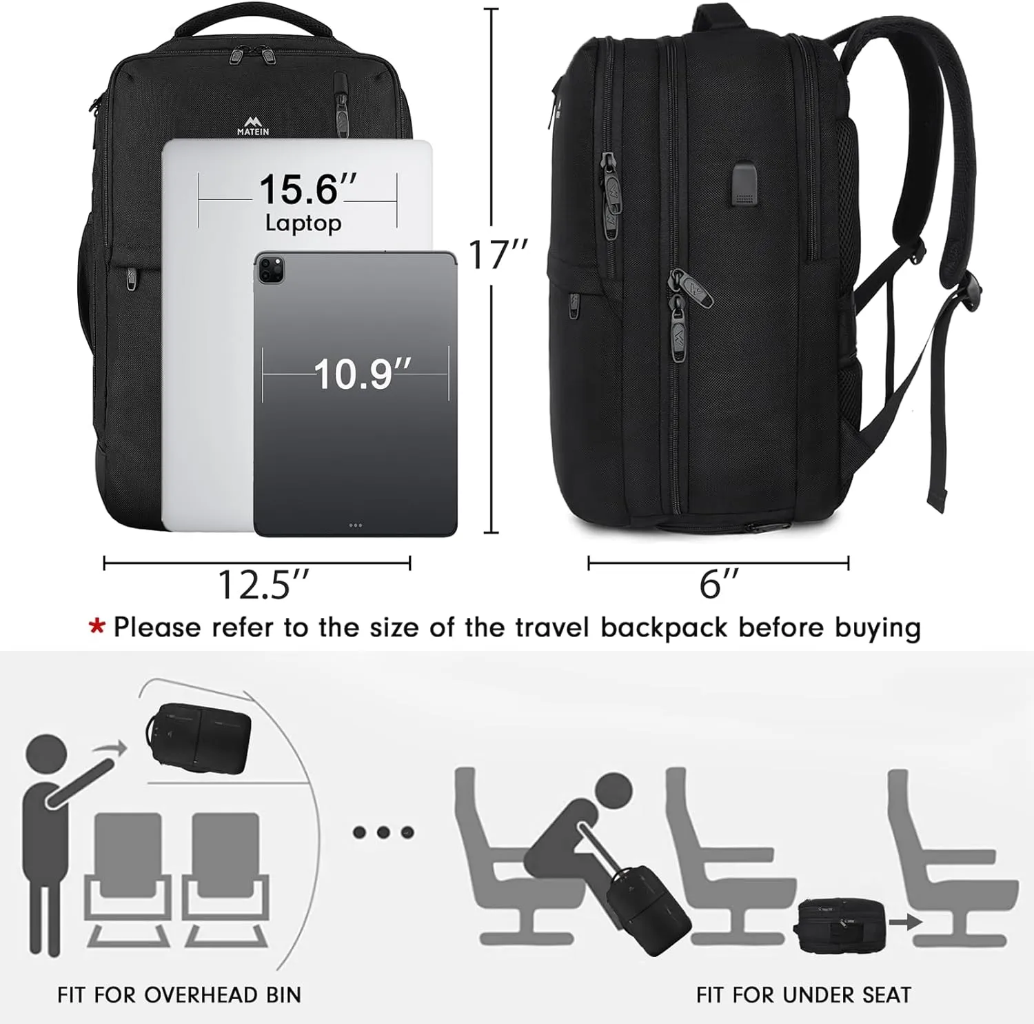 MATEIN Travel Laptop Backpack, Flight Approved Carry on Backpack with USB Port & Shoe Compartment, Large Personal Item Bag Fits 15.6 inch Laptop, Water Resistant Luggage Overnight Weekender Bag, Black
