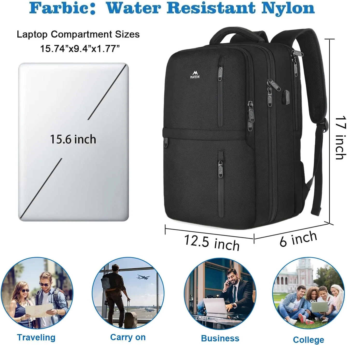 MATEIN Travel Laptop Backpack, Flight Approved Carry on Backpack with USB Port & Shoe Compartment, Large Personal Item Bag Fits 15.6 inch Laptop, Water Resistant Luggage Overnight Weekender Bag, Black